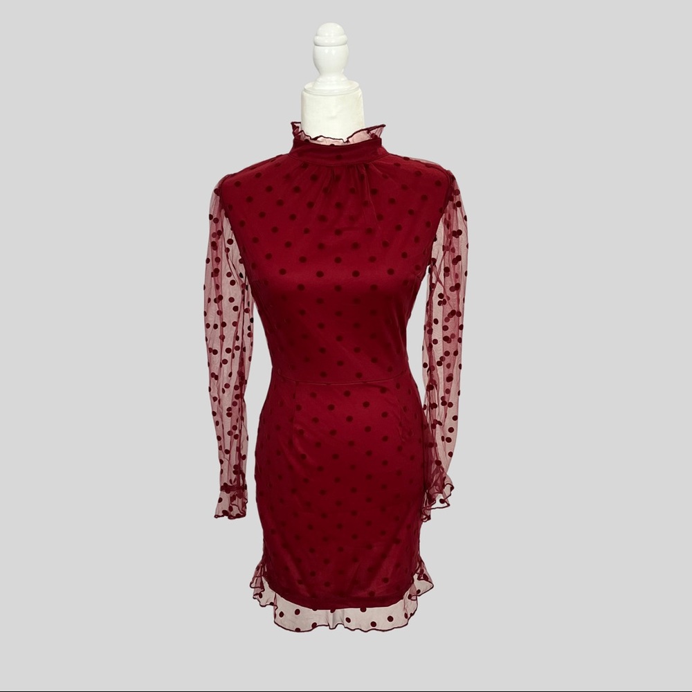Maroon burgundy Red polka dot mesh long sleeve high neck fall cocktail dress